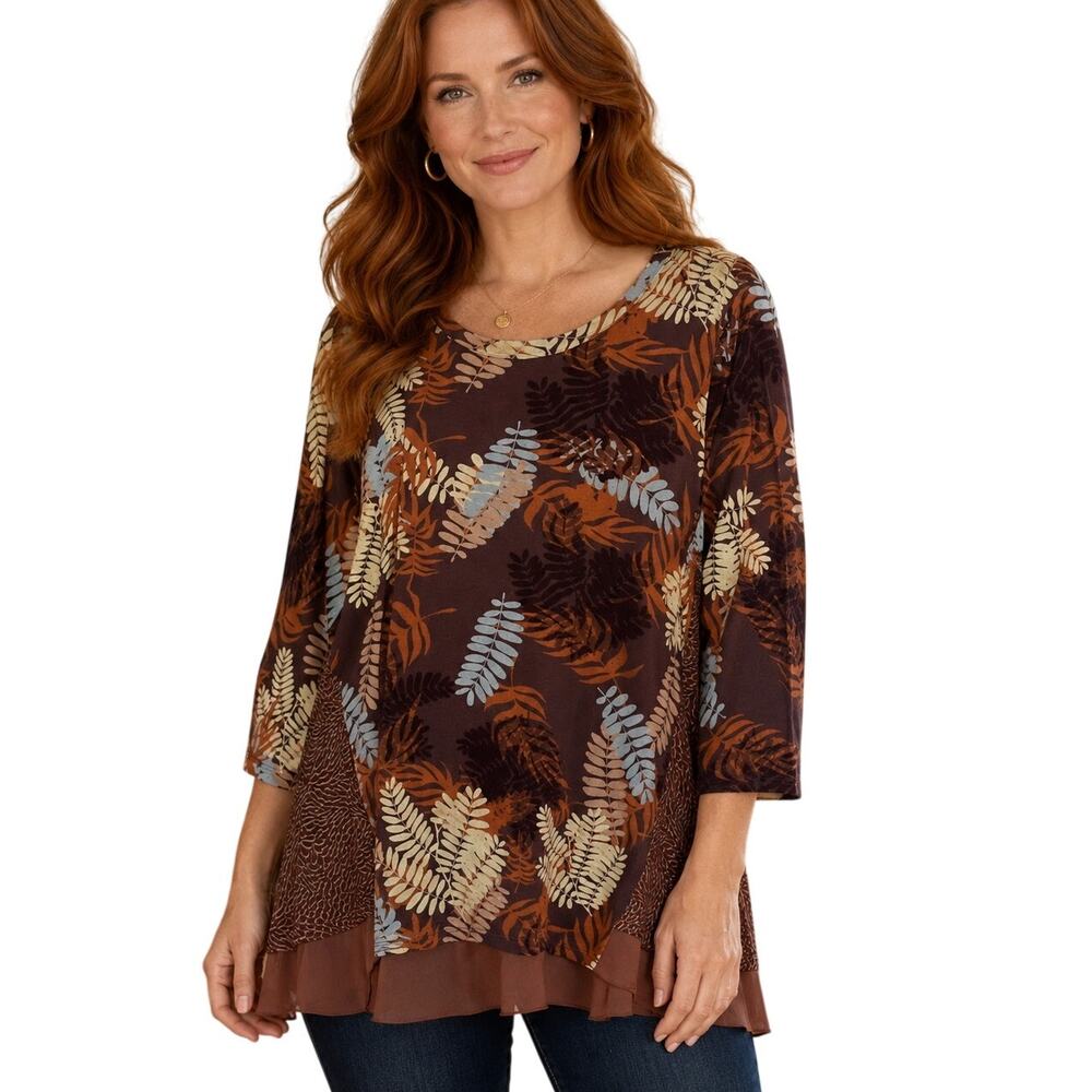 LOGO by Lori Goldstein Leaf Tunic Top Womens Large Fall Brown Mixed Print